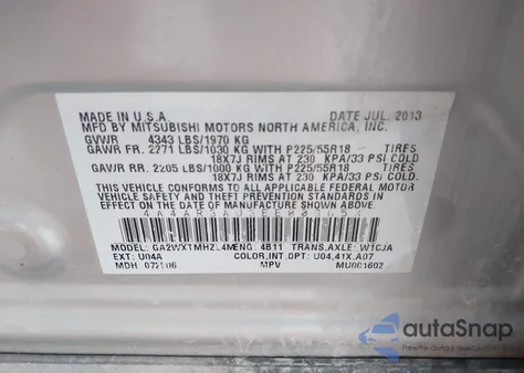 2014 Mitsubishi Outlander Sport Es z USA, uszkodzony, nr VIN 4A4AR3AU3EE003653